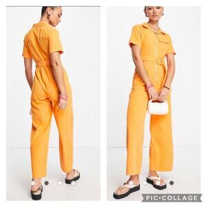 Lola May belted wide leg jumpsuit in orange short sleeves size medium